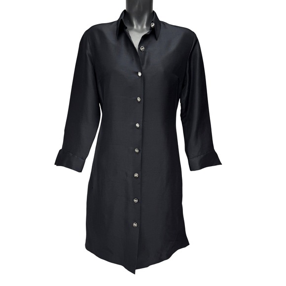 SILKLAND 100% Raw Silk Button Down Sunburst Buttons Womens Black Shirt Dress M - Picture 2 of 9
